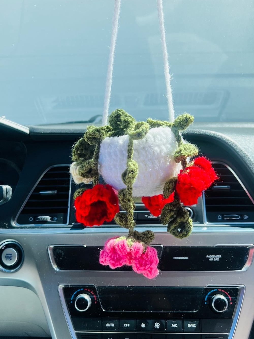 Crochet Hanging Planter with Red & Pink Flowers